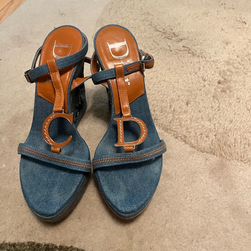 Dior blue denim wedge platform sandals